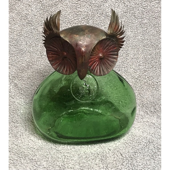 Vintage Brass Owl Green Glass Spanish Decanter Dalmau Hermanos Bottle MCM RARE